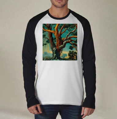 Golden tree in turquoise forest / Золотое дерево в бирюзовом лесу, Футболка длинный рукав / Мужчинам / Реглан / Принт