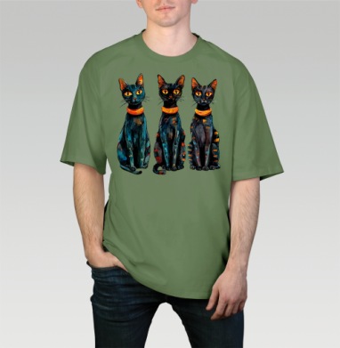 Три черных кота с оранжевыми глазами / Three Black Cats with Orange Eyes, Футболка мужская оверсайз оливковая