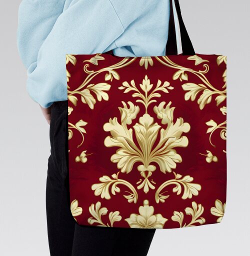 Золотой дамасский узор на темном бордовом фоне Golden damask pattern, Сумка с ручкой и внутренним карманом на молнии