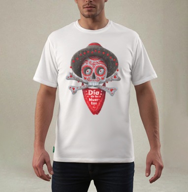 Череп с сомбреро Día de los Muertos яркий арт, Футболка мужская REGULAR белая