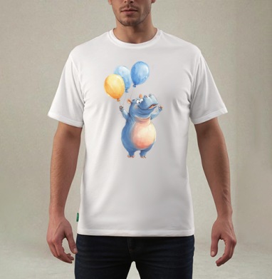 Watercolor Blue Hippo with Balloons / Акварельный бегемот с шариками, Футболка мужская REGULAR белая