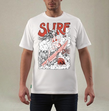 Девушка Серфер На Волне С Акулами Surf Or Die, Футболка мужская REGULAR белая