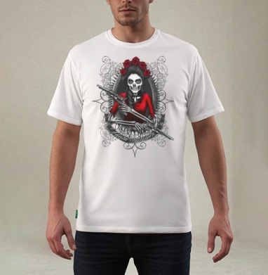 Картина Santa Muerte: мистический скелет в красном платье, Футболка мужская REGULAR белая