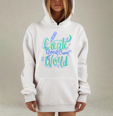 Светлая творческая надпись вдохновение мотивация сотвори свой мир, Hoodie Mjhigh Dig, оверсайз, утепленная