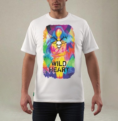 Яркий арт-постер «Wild Heart» с маской оленя, Футболка мужская REGULAR белая