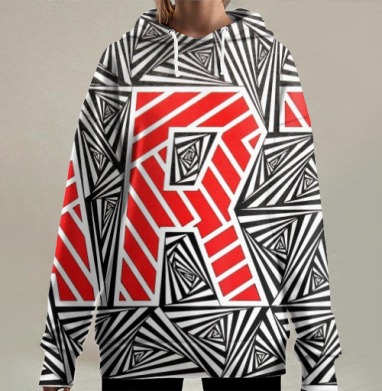 Контрастное красное выделение слова ART на черно-белом фоне с узорами, Hoodie Long Oversize 3D