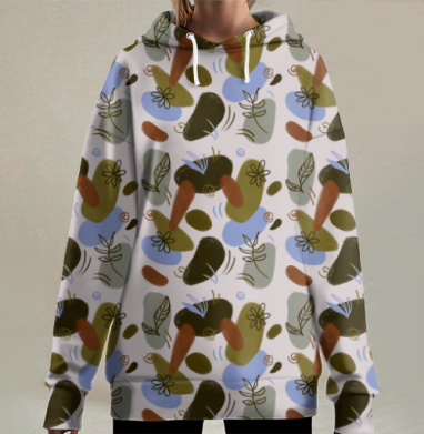 Абстрактная растительность в нежной палитре синего, Hoodie Long Oversize 3D