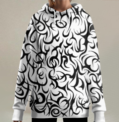 Абстрактные Каллиграфические Завитки с Черно Белым Орнаментом, Hoodie Long Oversize 3D