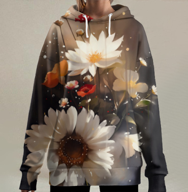 Белые цветы на фоне тёплого света природы нежности, Hoodie Long Oversize 3D