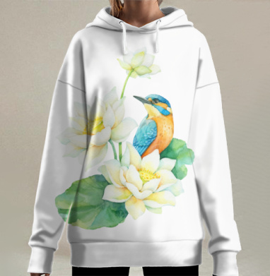 Зимородок среди белых лилий акварель нежность природы, Hoodie Long Oversize 3D