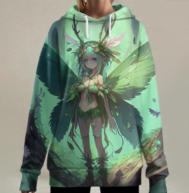 Волшебная лесная фея с зелеными крыльями и венком из листьев, Hoodie Long Oversize 3D