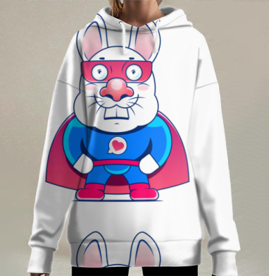 Милый кролик супергерой в ярком костюме, Hoodie Long Oversize 3D