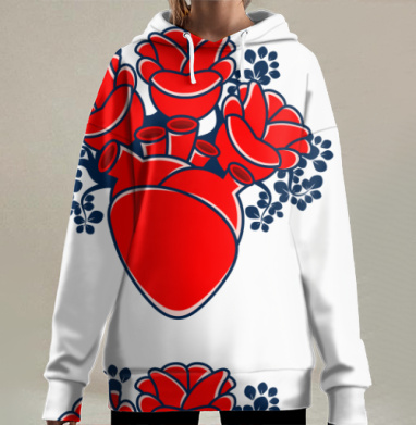Сердце с цветами и листьями красное темно синее, Hoodie Long Oversize 3D