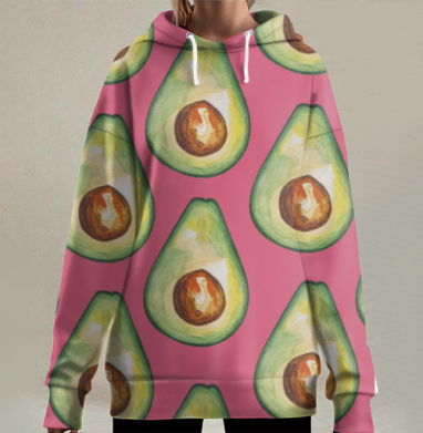Яркий акварельный принт с авокадо на розовом фоне, Hoodie Long Oversize 3D