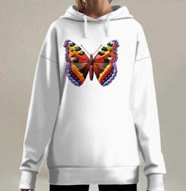 Яркая бабочка с оригинальными крыльями на сером фоне, Hoodie Long Oversize 3D