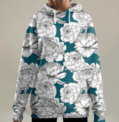Белые цветы пиона на бирюзовом фоне пионов на бирюзовом фоне, Hoodie Long Oversize 3D