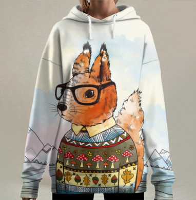 Белка в свитере с очками на горном фоне, Hoodie Long Oversize 3D
