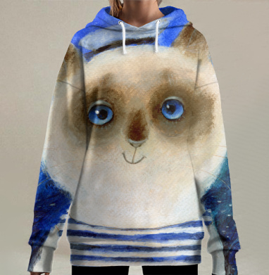 Стилизованный портрет кота-моряка в наивном стиле, Hoodie Long Oversize 3D