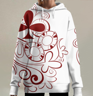 Элегантный бордовый орнамент с картами и фишками, Hoodie Long Oversize 3D
