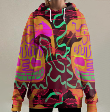 Яркий абстрактный череп с гримасой на темном фоне, Hoodie Long Oversize 3D