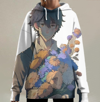 Меланхоличный юноша с букетом цветов в руках, Hoodie Long Oversize 3D