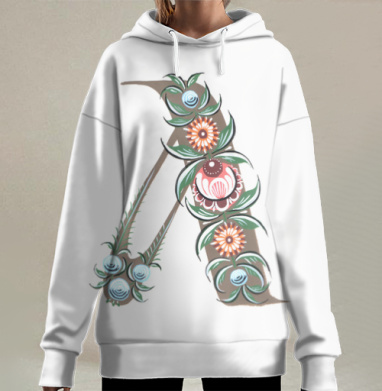 Русская городецкая роспись буква А в цветах и ягодах, Hoodie Long Oversize 3D