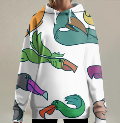 Весёлые мультяшные птицы коллекция красочного набора, Hoodie Long Oversize 3D
