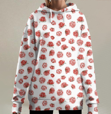 Красные чайные розы на белом фоне бесшовный узор, Hoodie Long Oversize 3D