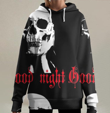 Череп с пожеланием спокойной ночи черный белый красный, Hoodie Long Oversize 3D