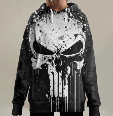Белый агрессивный череп на темном фоне череп, Hoodie Long Oversize 3D