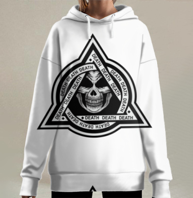 Череп в треугольнике с надписью смерть в стиле милитари, Hoodie Long Oversize 3D