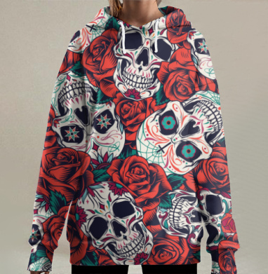 Красные розы с черепами на зелёном фоне черепами на зелёном фоне, Hoodie Long Oversize 3D