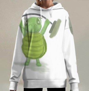 Мотивационная зеленая черепашка поднимает штангу усилие воли, Hoodie Long Oversize 3D