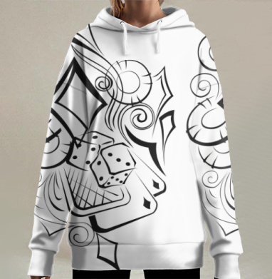 Стильный черно-белый рисунок с картами и костями, Hoodie Long Oversize 3D