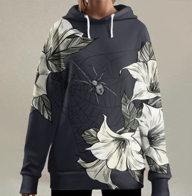 Черная вдова плетет паутину среди белых цветов, Hoodie Long Oversize 3D