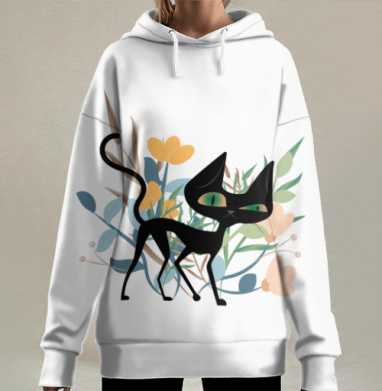 Черный кот среди цветов с весенним настроением, Hoodie Long Oversize 3D