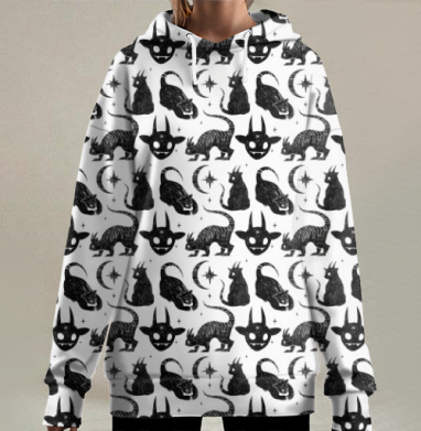 Мистический паттерн с кошками и демоническими мотивами, Hoodie Long Oversize 3D