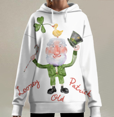 Сумасшедший старик Патрик в зеленом костюме на веселом фоне, Hoodie Long Oversize 3D