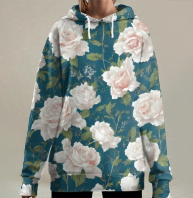Пышные белые розы на бирюзовом фоне, Hoodie Long Oversize 3D