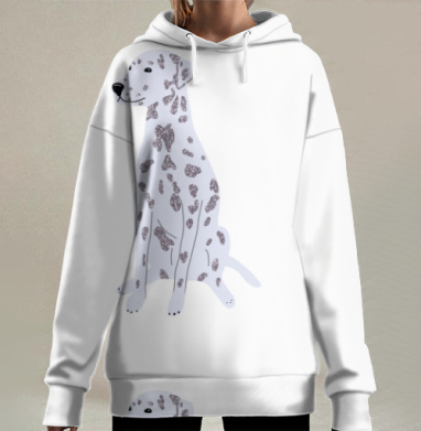 Белая далматинская собака на сером фоне далматинская собака на сером фоне, Hoodie Long Oversize 3D