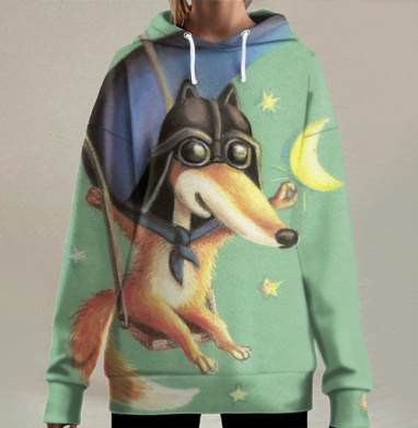Лиса-летчик на качелях с светящимся месяцем, Hoodie Long Oversize 3D