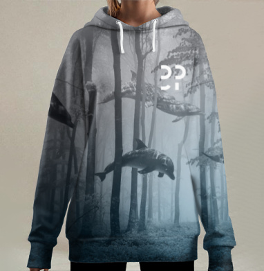 Мистические дельфины в туманном лесу, Hoodie Long Oversize 3D
