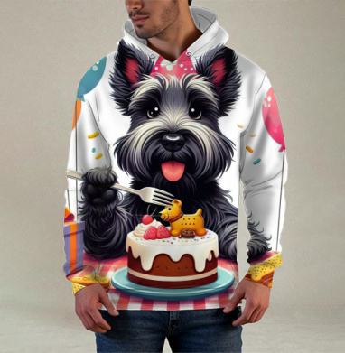 Маленький черный терьер отмечает первый юбилей Birthday Dog Party, Худи / Мужская / С карманом / 3D
