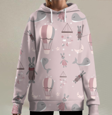 Детский паттерн с милыми зайчиками и воздушными шариками, Hoodie Long Oversize 3D