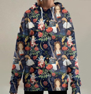 Образ защитницы: меч и цветущий сад в акварели, Hoodie Long Oversize 3D