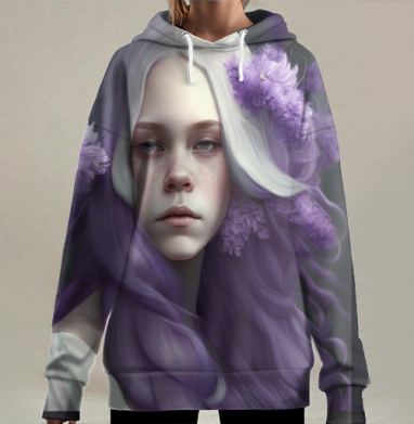 Девушка с сиреневыми волосами мечтает о любви, Hoodie Long Oversize 3D