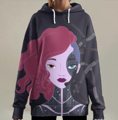Розоволосая девушка киборг синтез будущего, Hoodie Long Oversize 3D