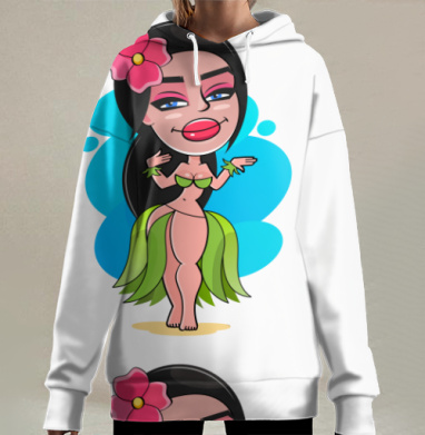 Веселая Гавайская Танцовщица с Цветком на Зеленом, Hoodie Long Oversize 3D