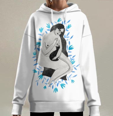 Уютный монохромный портрет среди синих растений девушка черная кошка, Hoodie Long Oversize 3D