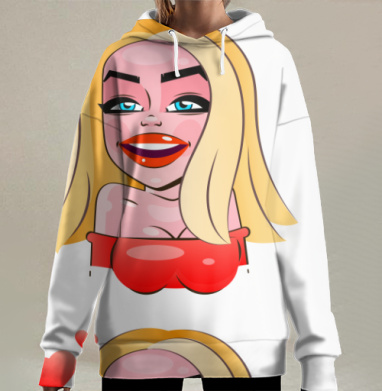 Женщина с красивой улыбкой и красными сердцами вокруг, Hoodie Long Oversize 3D